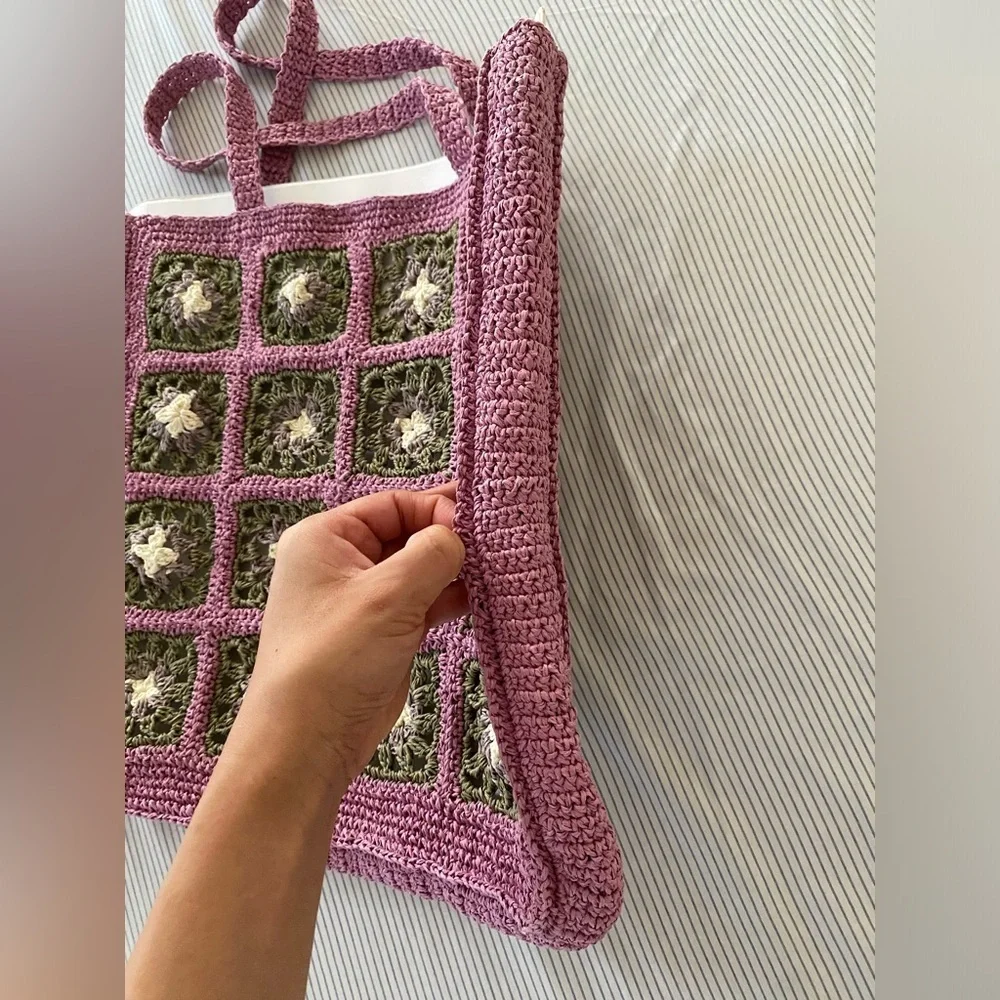 Tory Burch Pink & Green Raffia Hand Crochet Tote Bag